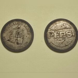 Vintage Metal Token Pair with Pepsi Logo and Camelot Park Cathedral City In CA